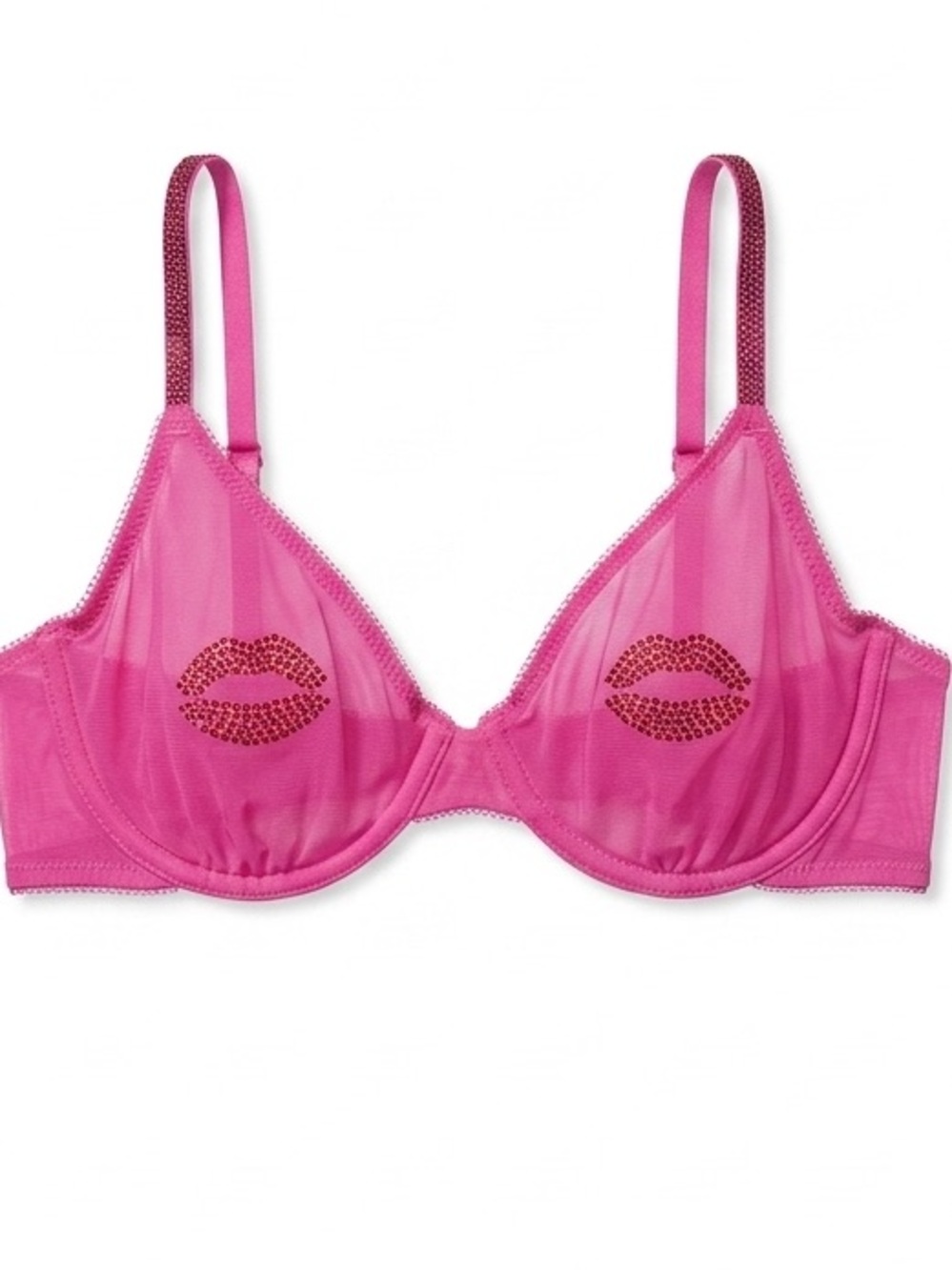 Victoria's Secret Hot Pink Sheer Underwire Bra with Lip Crystal Motif